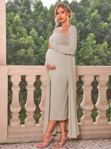 Joyfunear 2pcs/Set Pregnant Women Solid Color Fitted Minimalist Tube Dress And Long Sleeve Maxi Cardigan