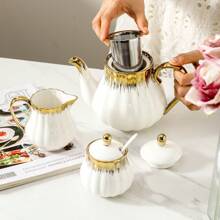 1 件陶瓷茶壶，欧式花茶壶咖啡壶水壶陶瓷礼品，金边下午茶套装，家用带过滤器的茶壶，下午茶饮具，家庭办公室酒店，茶具适用于茶、咖啡、品茶、礼物、母亲节礼物 - 金色 - 查看 9