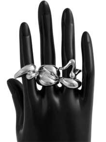 4 件套复古时尚几何圆形开口戒指液体不对称戒指几何圆形开口戒指饰品首饰套装节日礼物适合派对和日常佩戴戒指套装 - 銀色 - 查看 5