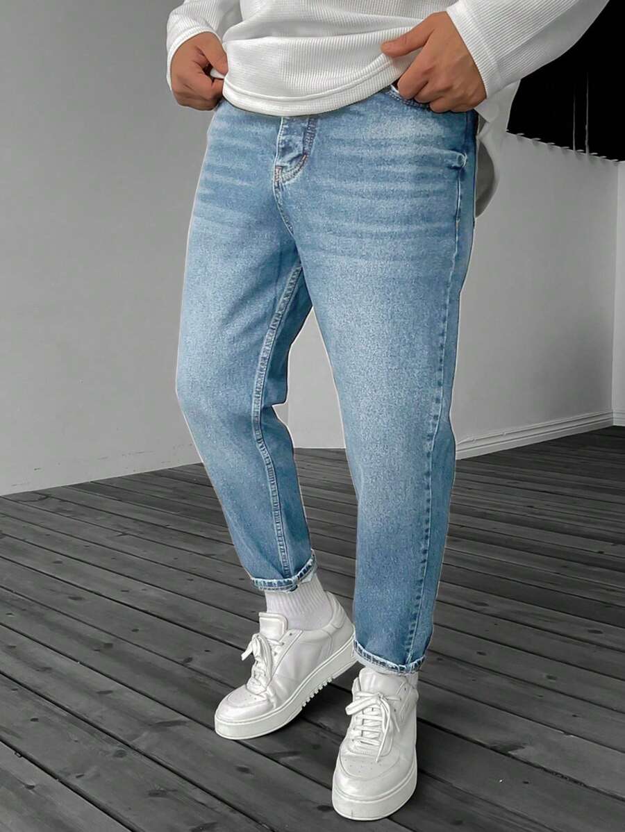 男式休闲百搭紧身牛仔裤，带口袋