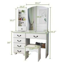 35.4" Makeup Vanity Desk With Mirror And Lights, Vanity Mirror With Lights Desk And Chair, White Vanity Desk With Sliding 3 Colors Lighted Mirror, Brightness Adjustable, 6 Drawers, With Stool - 白色 - 查看 8