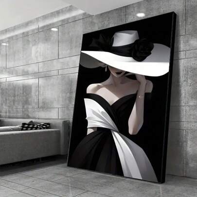 1pc,Woman With Hat Wall Art,Elegant Lady A Stylish Bachelorette Party Decor Room,College Faculty Style Aesthetic,Black And White Modern Poster Printing, Minimalism Canvas Painting, Suitable For Home Decoration, Bar,Cafe, Patio,Birthday Gift,Living Room, Bedroom, Living Room, Home Office, Bathroom Decoration, Wall Decoration20*28 Inch, Unframed