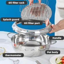 1 cái, Nồi chiên ngập dầu có nhiệt kế (7,87''), Nồi chiên Tempura kiểu Nhật bằng thép không gỉ có giá để ráo dầu, Đồ dùng nhà bếp, Phụ kiện nhà bếp - Bạc - Xem 3
