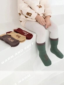 5 双装儿童厚毛圈小腿袜，带抓地力 - 字母图案，针织面料，仅可手洗，儿童防滑蹦床袜，保暖柔软，适合秋冬季