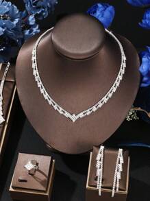 5pcs Elegant Luxury Cubic Zirconia Bridal Wedding Rhinestone Jewelry Set, Fashion Party Accessories For Women