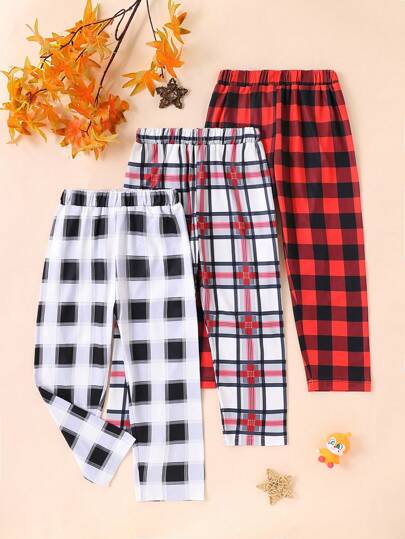 3 件套年轻女孩格子图案宽松休闲舒适裤子，适合所有季节