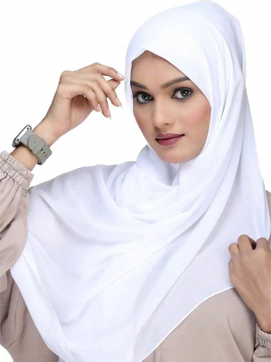 1 pieza Pañuelo de mujer de color liso de gasa suave, pañuelo de cabeza conservador de unicolor, chal largo casual adecuado para uso diario, accesorios de abaya, casual debajo de la gorra - Blanco - Ver 1