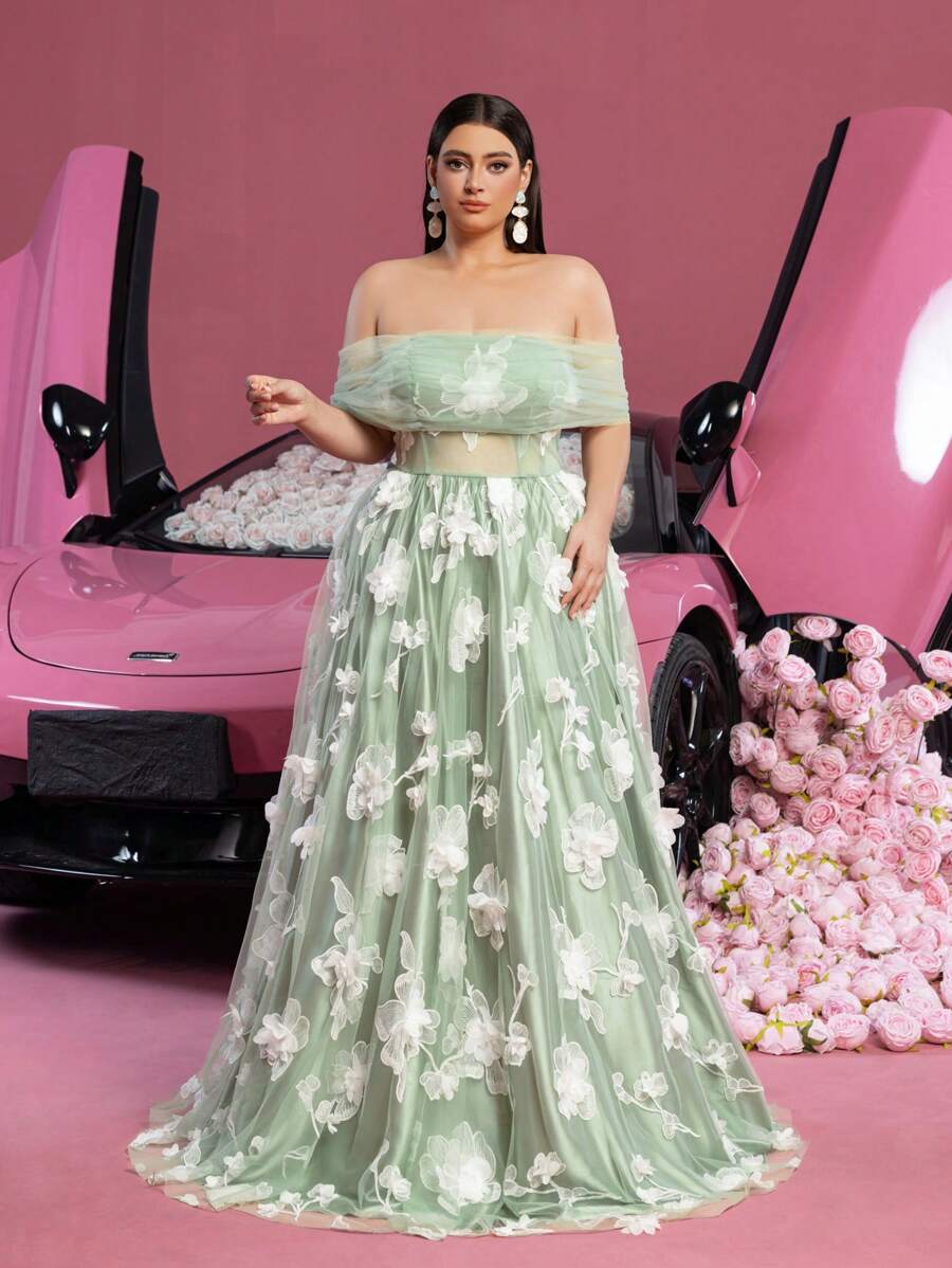 Faeriesty Váy dạ hội trễ vai đính hoa Plus, Váy dự tiệc, Váy dự tiệc cưới, Váy dạ hội