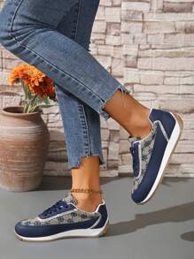 Damen Patchwork bestickte atmungsaktive Rundkopf Flache Multifunktions Mode Lässig Sportschuhe, Gummisohle rutschfest verschleißfest leicht Laufschuhe, Patchwork Schuhe, bequeme flache Lässig Schuhe für Frühling/Herbst