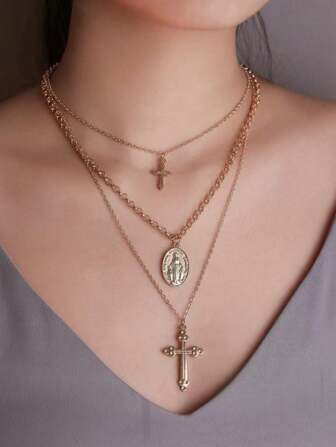 1 件 2024 欧美新款复古多层吊坠项链，个性化简约休闲时尚锁骨链，独特设计经典百搭女士项链，适合派对和日常佩戴