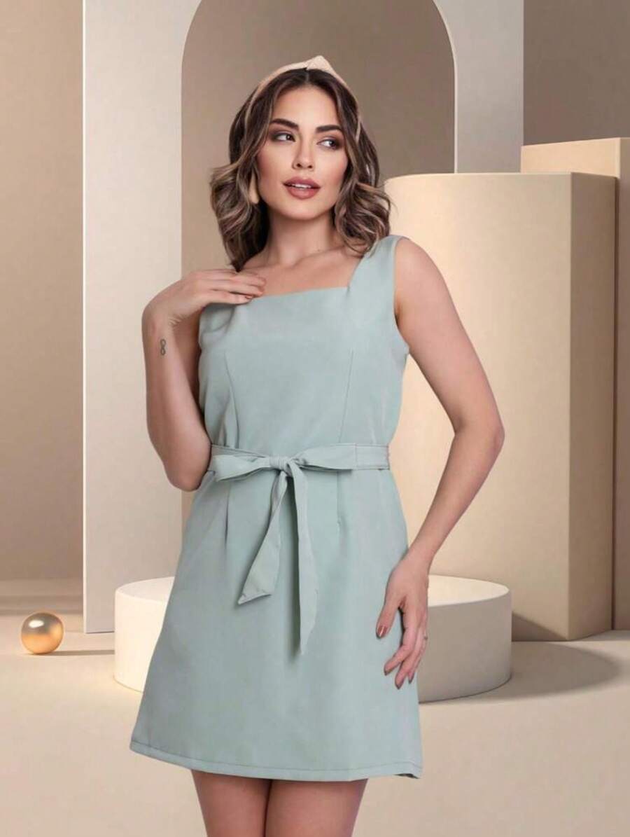 Tailored Sheath Dress With Belt And Back Zipper - 薄荷綠 - 查看 1