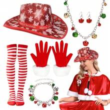 9-teiliges Weihnachts-Kostümset für Frauen mit 1 Stück Weihnachtsmütze, 1 Stück Halskette, 1 Stück Armband, 2 Ohrringe, 2 Handschuhe, 2 Strümpfe, für Cowboy-Cosplay, Partyartikel und Weihnachtsparty, Abschlussball, Halloween - Verschiedenfarbig - Übersicht 1