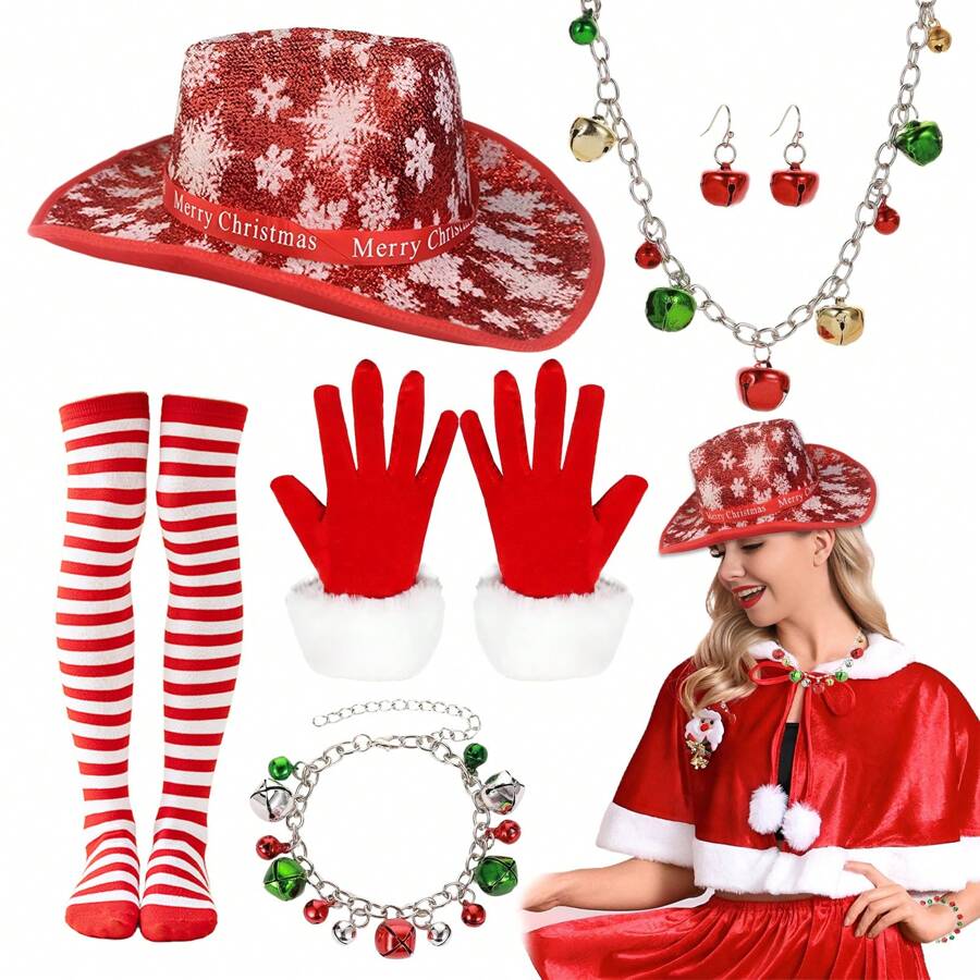 9-teiliges Weihnachts-Kostümset für Frauen mit 1 Stück Weihnachtsmütze, 1 Stück Halskette, 1 Stück Armband, 2 Ohrringe, 2 Handschuhe, 2 Strümpfe, für Cowboy-Cosplay, Partyartikel und Weihnachtsparty, Abschlussball, Halloween - Verschiedenfarbig - Übersicht 1