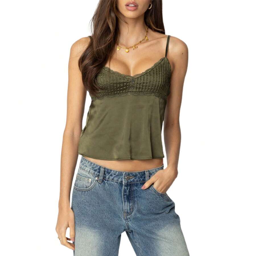 Women Y2K Sweetheart Neck Sleeveless Crop Tank Tops Backless Spaghetti Strap Pleated Bustier Camis Going Out Top - 綠色 - 查看 1