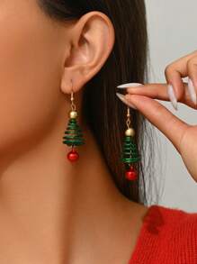 1 对女士时尚吊坠耳环，红色铃铛，带绿色亮片的空心圣诞树，螺旋合金耳环吊坠，圣诞夜派对礼物 - 聖誕樹 - 查看 3