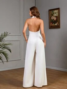 Mono de fiesta para mujer de pierna ancha con cuello de halter y espalda abierta