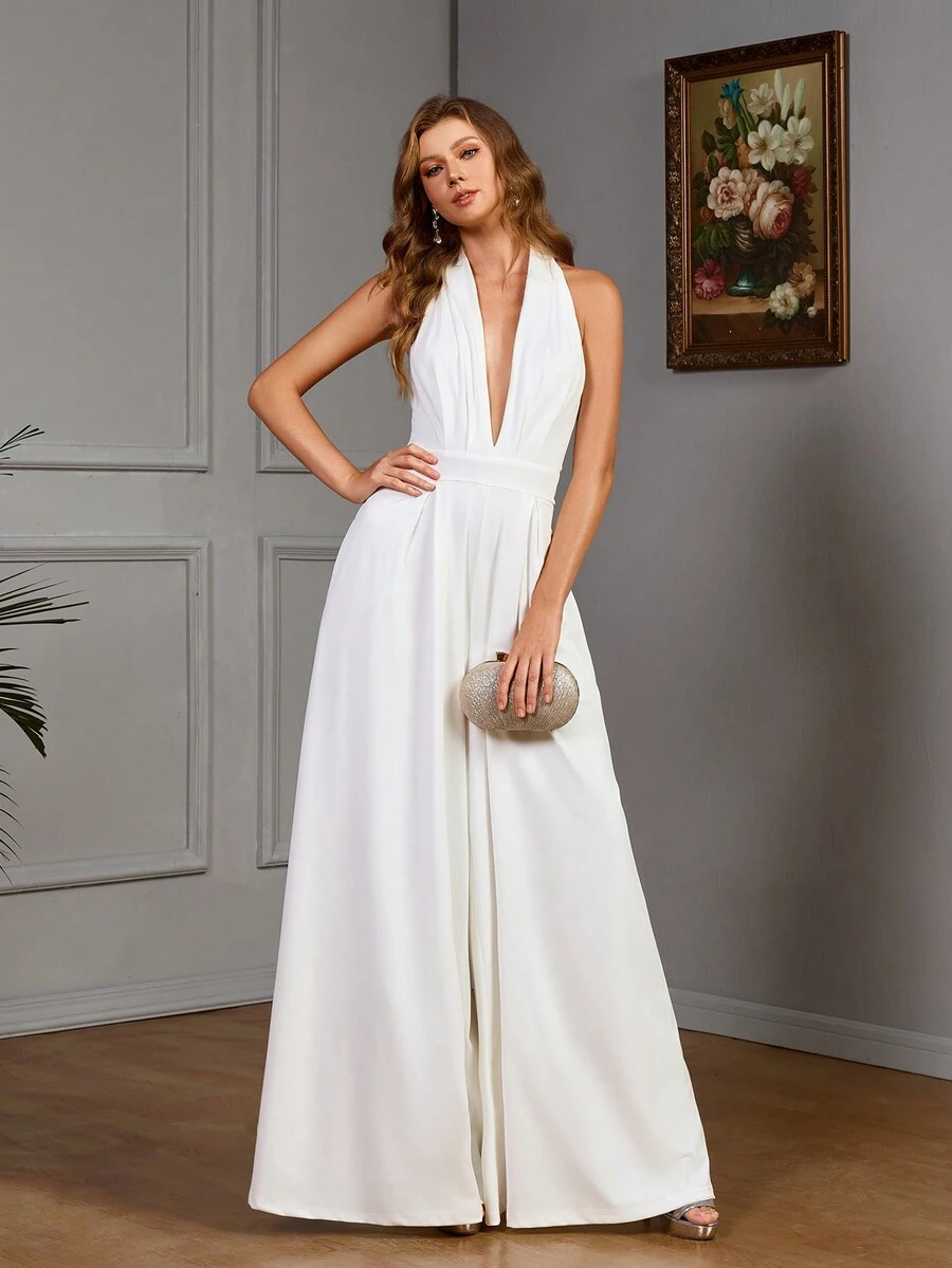 Mono de fiesta para mujer de pierna ancha con cuello de halter y espalda abierta