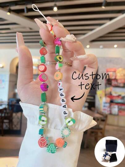 Customized Phone Charm Fashionable Mixed Color Random Fruit Soft Ceramic Black & White Letter Bead Phone Strap, Can Be Customized With Name, Slogan, Location, Date, Suitable For Birthday, Anniversary, Gift, Daily Wear