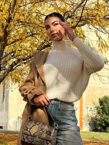 High Neck Raglan Sleeve Loose Casual Knit Sweater