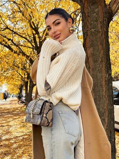 High Neck Raglan Sleeve Loose Casual Knit Sweater