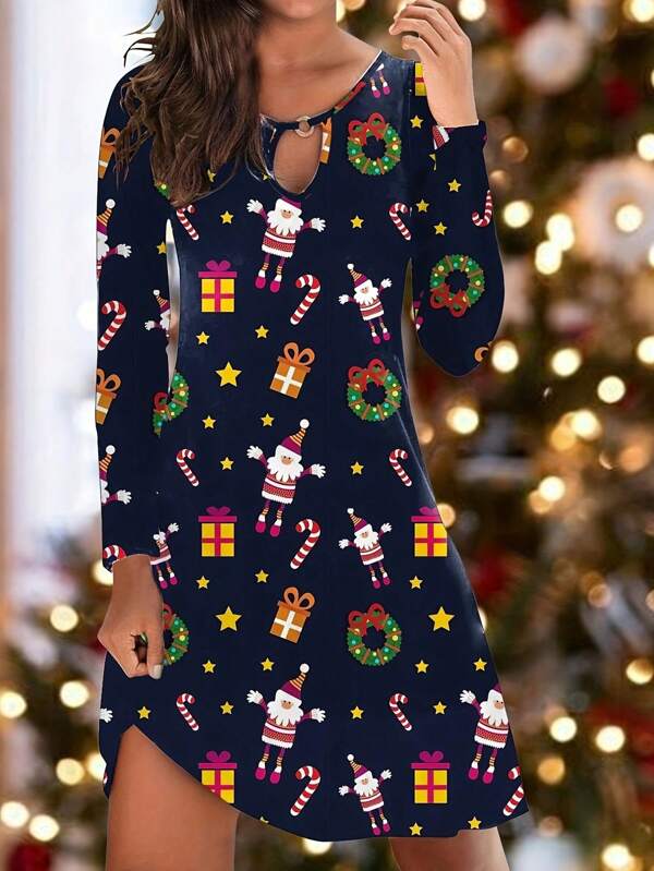 Plus Size Women Christmas Digital Print Casual Long Sleeve Dress, Autumn/Winter