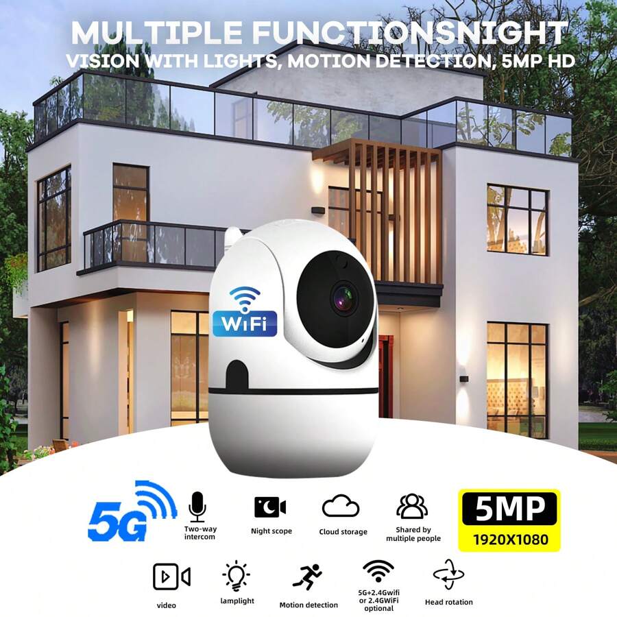 8MP 5MP 高清 1080P 无线 WIFI 摄像机，适用于室内和室外安全，具有双频 2.4G+5GWIFI 和 2.4GWIFI 选项，PTZ 功能，AI 运动检测，自动跟踪，报警，彩色夜视，泛光灯，360 度全景旋转，双向音频，2.4G/5G 网络兼容，人形移动跟踪监控，夜视，全彩监控，信息推送报警 - 白色 - 查看 1