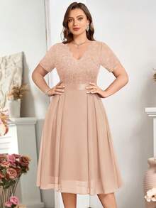 Plus Floral Lace V-Neck Ruffle Trim Chiffon A-Line Hem Semi Formal Party Swing Dress - Champagne - View 5