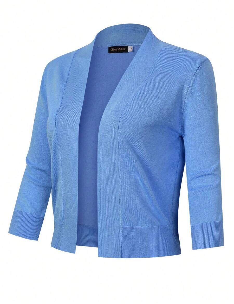 Women's 3/4 Sleeve Cropped Cardigan Sweaters Open Front Knit Short Bolero Shrugs - Sky Blue - View 1