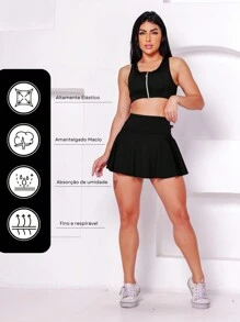 Short Saia Babado Cós Alto em Suplex Conforto E Segurança Na academia Com Wolfox - Preto - Visão 5