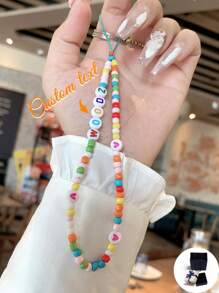 Customized Phone Lanyard, Fashion Colorful Rice Bead & Letter Bead Phone Strap, Personalized With Name, Slogan, Location, Date, Suitable As Birthday, Anniversary, Daily Wear Gift