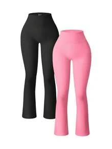 OQQ Women's 2 Piece Yoga Pants Ribbed Seamless Workout High Waist Bell Bottoms Flare Leggings - 黑色,糖果粉紅色 - 查看 1
