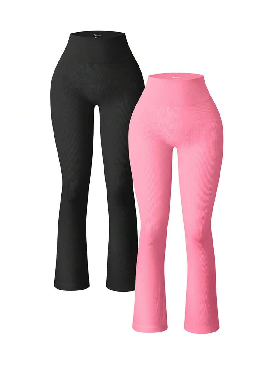 OQQ Women's 2 Piece Yoga Pants Ribbed Seamless Workout High Waist Bell Bottoms Flare Leggings - 黑色,糖果粉紅色 - 查看 1
