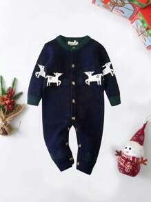 男婴鹿图案针织连体衣，适合日常穿着、派对、圣诞节活动 - 藏蓝色 - 查看 2