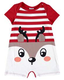 MALWEE Unisex Short Romper For Babies With Striped Reindeer Print And Ears Applique, Ideal For Christmas - Đỏ và trắng - Xem 2