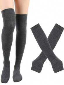 1 套 2 双条纹过膝袜和护臂，朋克风格套装 - 彩色 - 查看 3