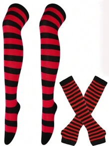 1 套 2 双条纹过膝袜和护臂，朋克风格套装 - 彩色 - 查看 6