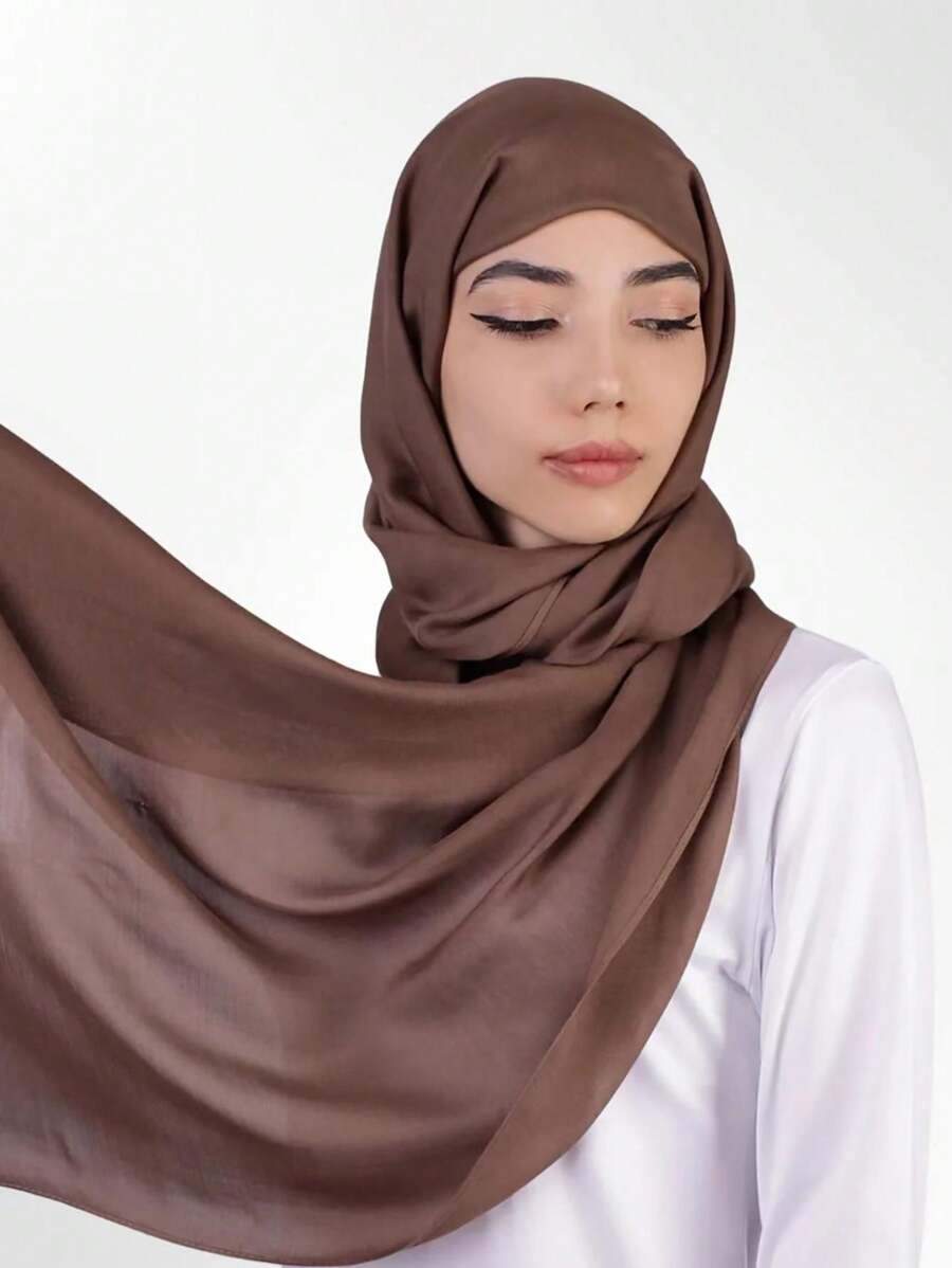 1pc Soft Headscarf/Bandana, Skin-Friendly Solid Color Head Wrap, Scarf, Beach Shawl, Conservative Style, Casual Everyday Use - Coffee Brown - View 1