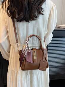 1 geantă de tote PU cu cataramă minimalistă la modă cu eșarfă, potrivită pentru uz zilnic