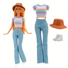 27 件随机娃娃衣服和配饰套装，适合 11 英寸娃娃，包括 5 件上衣、5 条裤子、4 双鞋子、1 顶帽子、2 个耳环、4 个衣架、3 条项链、2 个包、1 个旅行包（款式和颜色随机），不包括娃娃，适合年轻人的绝佳礼物，派对礼品套装 - 11.5吋娃娃配件 - 查看 17