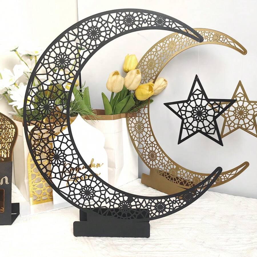 1pc Metal Hollow Out Moon And Star Ornament, Stainless Steel Moon And Star Combination Decoration Piece, Home Decor For Desk, Holiday Room Decoration Gifts Birthday Graduation E-I-D - Multicolor - View 1