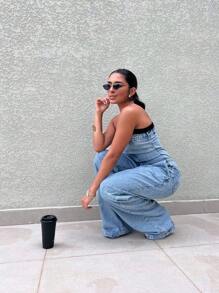 Women's Strapless Long Denim Jumpsuit With Buttons And Zipper The Back Is Elastic - Light Wash - View 5