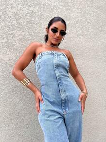 Women's Strapless Long Denim Jumpsuit With Buttons And Zipper The Back Is Elastic - Light Wash - View 3