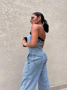 Women's Strapless Long Denim Jumpsuit With Buttons And Zipper The Back Is Elastic - Light Wash - View 4