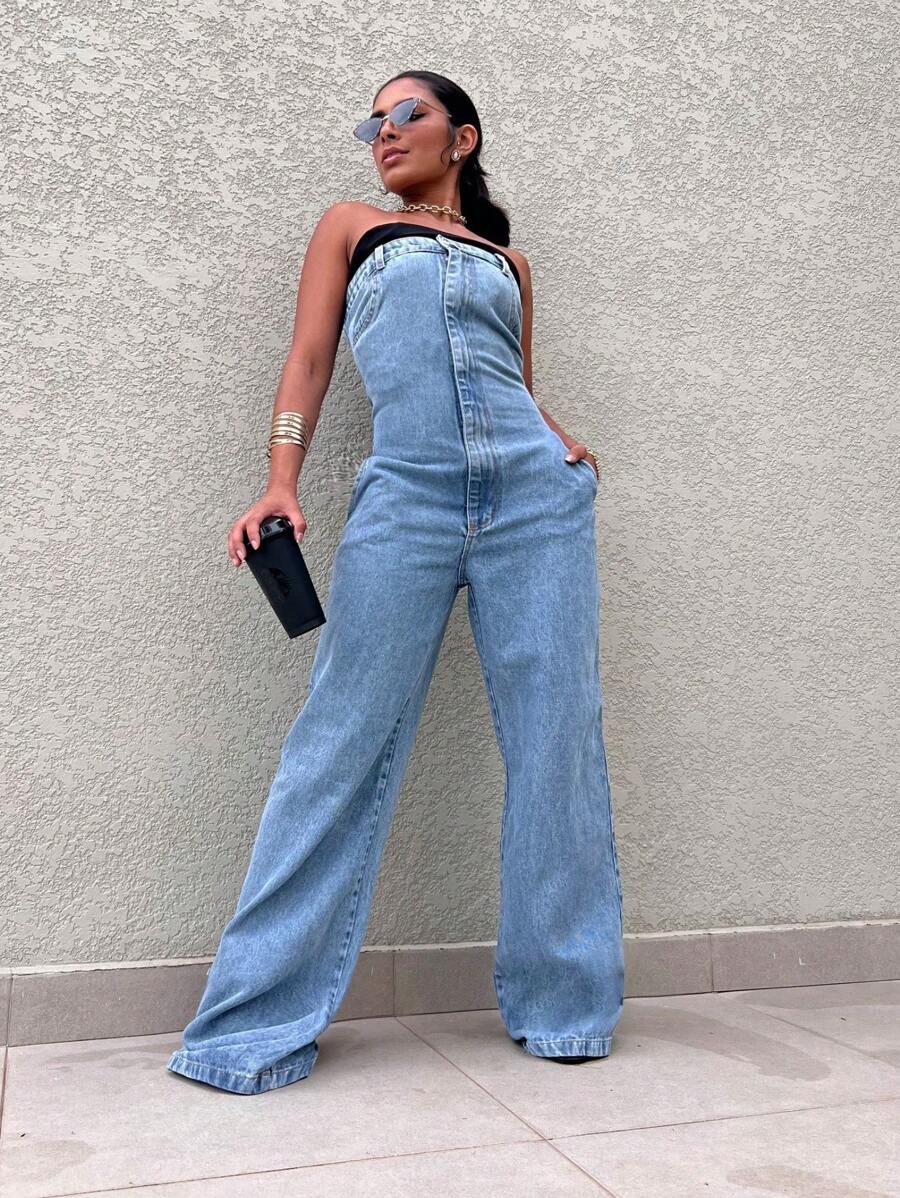 Women's Strapless Long Denim Jumpsuit With Buttons And Zipper The Back Is Elastic - Light Wash - View 1
