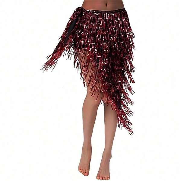 Triangle Sequin Belly Dance Skirt Belly Dance Long Tassel Hip Scarf Festival Costume Women's Latin Dance Skirt With Sequin Tassel Hip Scarf