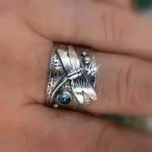 1 件创意蜻蜓图案复古纹理银色戒指，镶嵌蓝色宝石，女士休闲配饰 - 淺藍色 - 查看 2