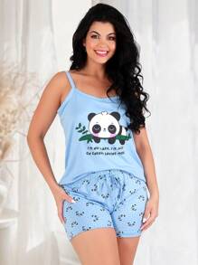 Short Doll Pajamas Soft Touch Suede Comfortable Strap Women's Silk Print REF: ALCASILK - Màu xanh nhạt - Xem 1