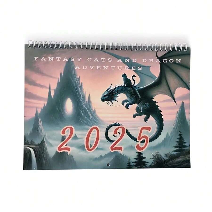 2025 年龙主题挂历，带节日 - 奇幻插图，英文文字，非常适合日常办公使用 - 多色 - 查看 1