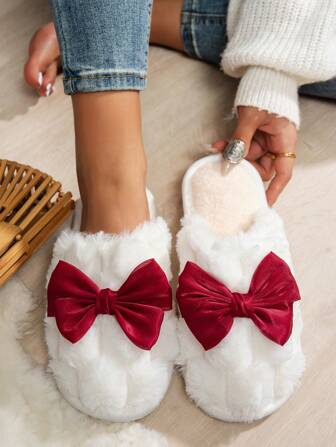 Damtofflor med rosett, varma plyschtofflor för inomhusbruk, sovrum, studentrum, höst/vinter, pälstofflor, nyårskläder