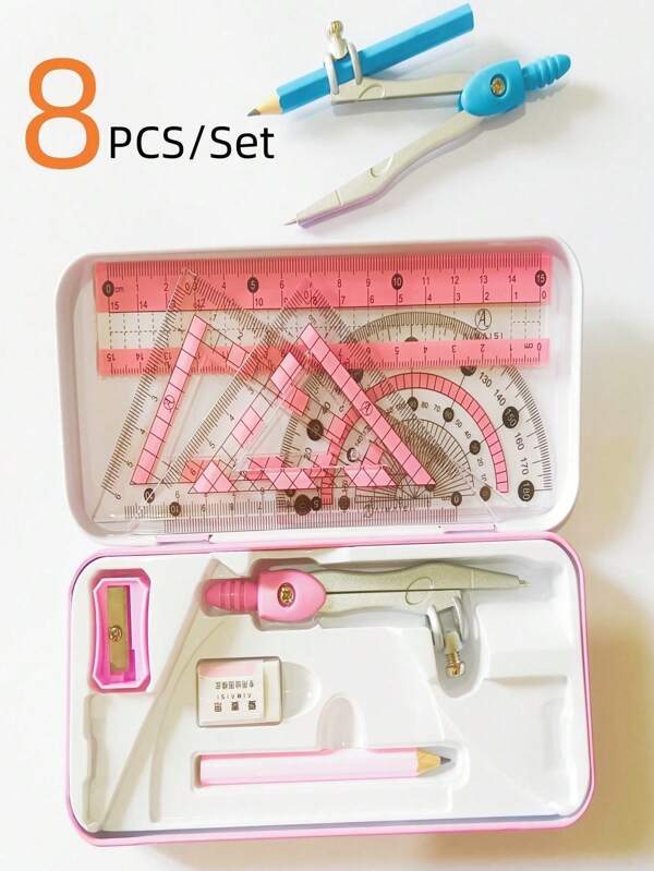 8pcs/Set - 4pcs Ruler - Pencil - Compass - Eraser - Pencil Sharpener Set - Geometric Mathematics Drawing Stationery Set - Compass Mathematics Drawing Tools - Study Supplies - Ideal For School - Students - Mathematics Measurement Tools - Exam Kit - Back To School Supplies - Educational Items - School Stationery - Stationery